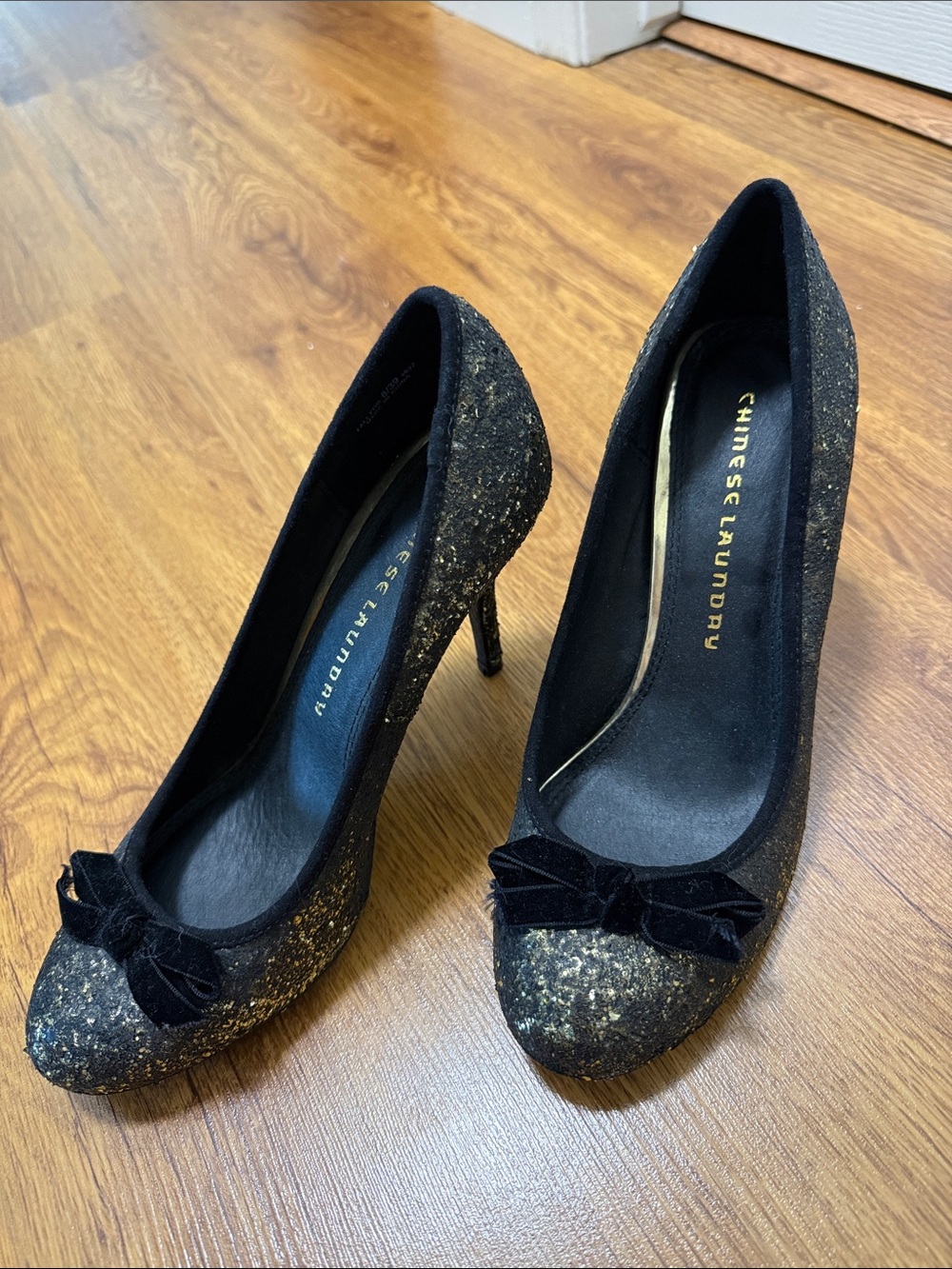 Chinese Laundry Black Velvet Bow Glitter High Heels